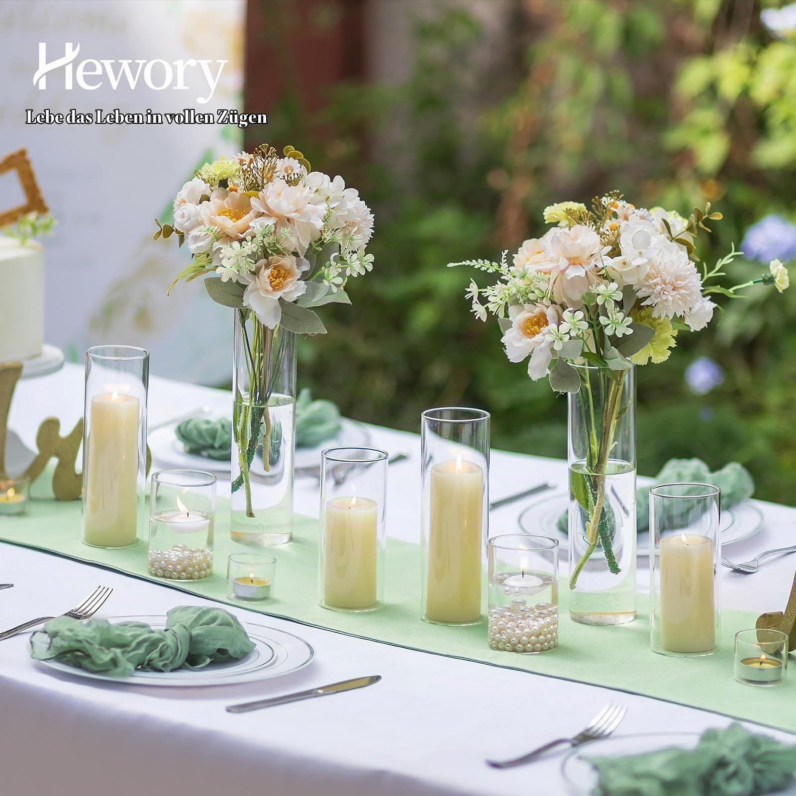 Hewory 12 Kerzengläser mit Goldperlen Glasvase für Tischdeko Windlicht | Hitzeglas, 4 Höhen, Klare Glaszylinder für Kerzen mit Boden, Zylindervasen Set für Hochzeit Outdoor Deko Weihnachten
