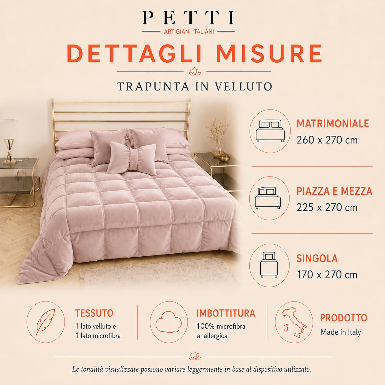 PETTI Artigiani Italiani - Trapunta Invernale Piazza e Mezza 220x260 cm in Velluto, Copriletto Piumone Double Face Anallergico 350 g/m², Trapunta Calda per Letto, Cipria, Made in Italy