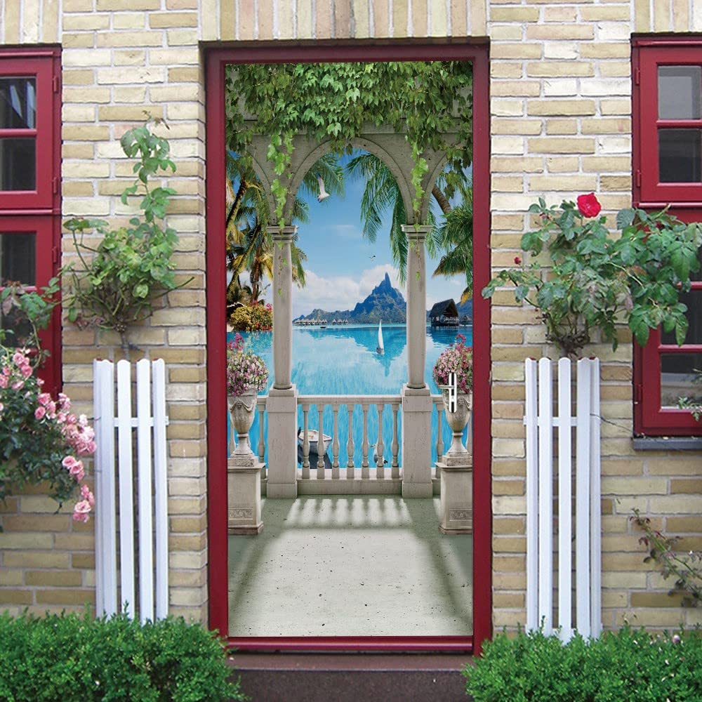 Trompe l'oeil Adesivi per Porte Vista mare ad arco Autoadesiva Impermeabile,Vinile PVC, Carta da parati per pareti e porte poster per la camera da letto e il soggiorno 77 x 200 cm