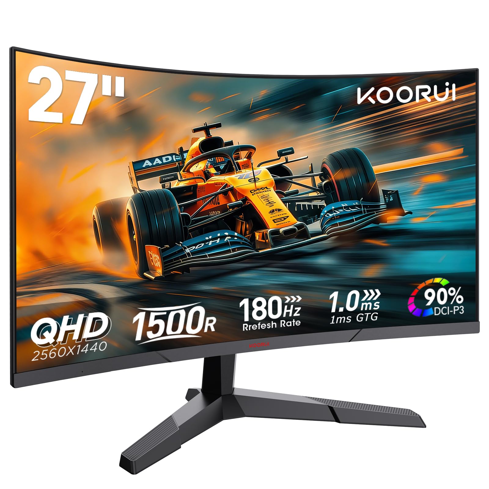 KOORUI Monitor Gaming 27 Pulgadas Curvo 180HZ QHD 1ms Adaptive Sync HDMI/DP | DCI-P3 90%, HDR10, Inclinación Ajustable, Eye Care, QHD 2560x1440, VESA 100x100mm, 1500R