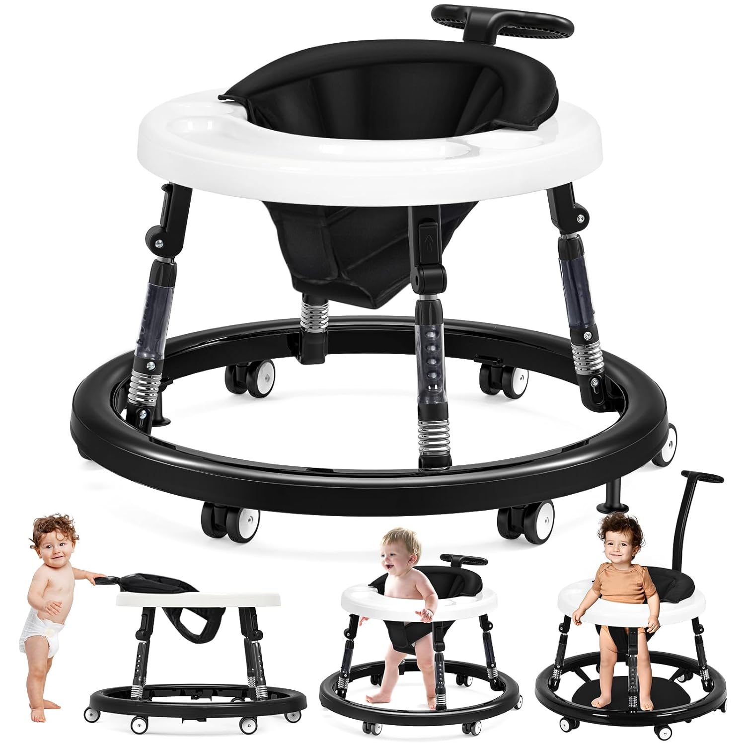 Baby Walker, Foldable Baby Walker with Wheels, 9 Adjustable Heights Walker for Baby, Infant Toddler Walker with Foot Pads, Anti-Fall Baby Walkers and Activity Center for Boys Girls 7-18 Months Black