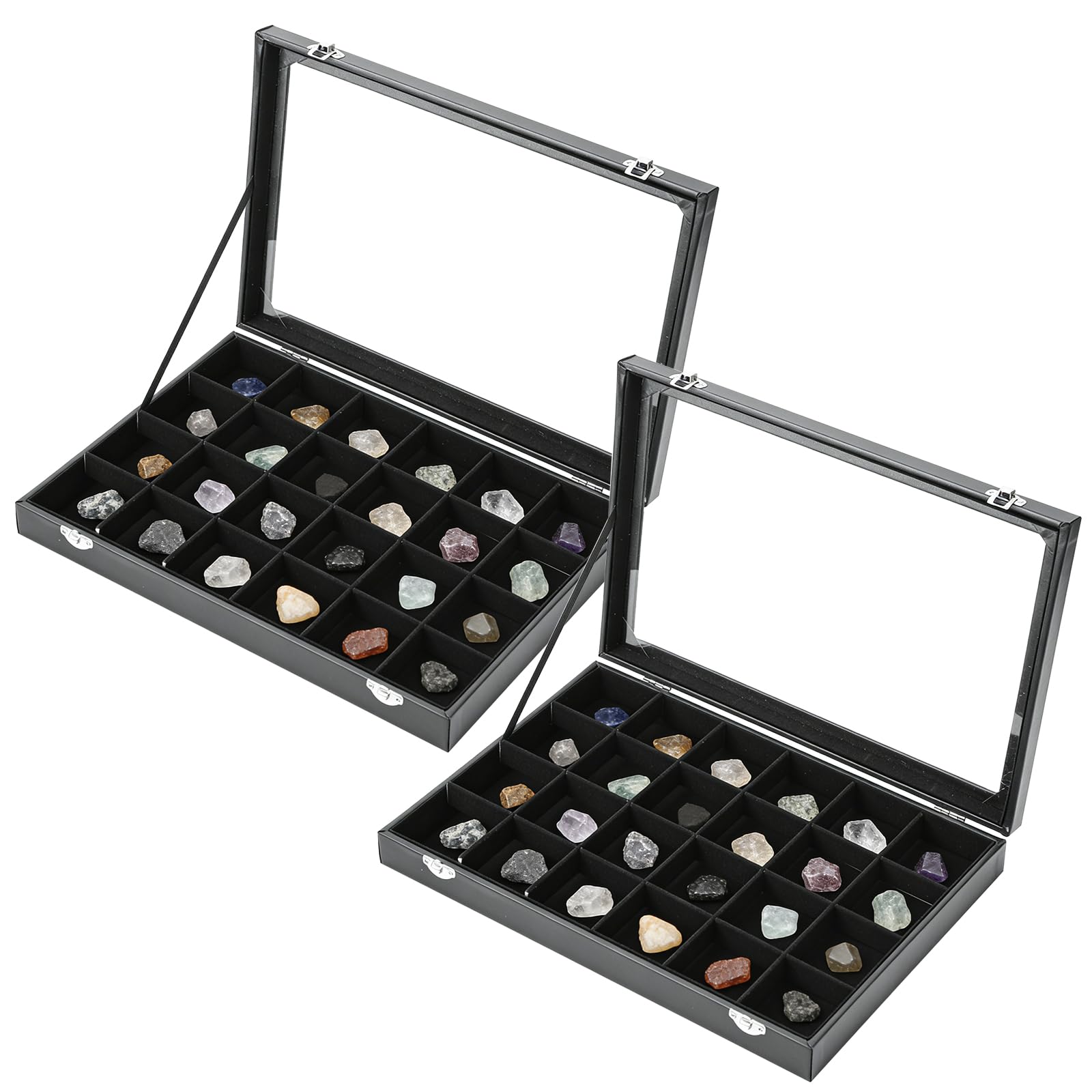 Acrux7 Paquete de 2 vitrinas de la colección Rock, vitrina de 24 rejillas de roca, caja de colección de rocas de piel sintética negra con tapa de vidrio transparente y rejillas de terciopelo suave