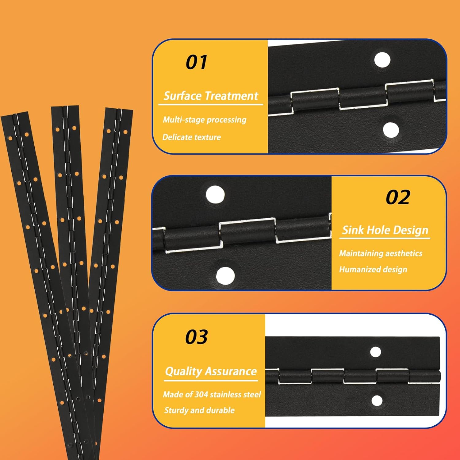 16Inch Black Piano Hinges,4PCS Heavy Duty Continuous & Stainless Steel Piano Hinge with Hole, 0.06" Thickness/2" Open Width, for Folding Cabinet Door,Box,Creative DIY (Scalable)
