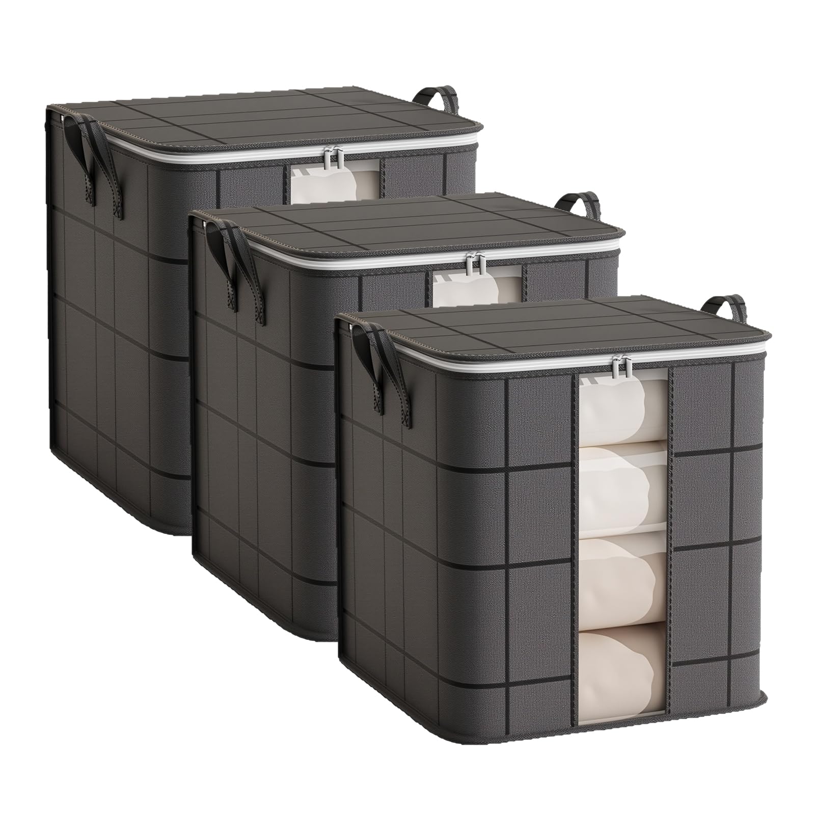 3 Pack 100 L Clothes Storage Bags, Collapsible Closet Organizers, Large Storage Bins with Reinforced Handles, Heavy-Duty Storage Totes for Clothes, Comforters, Blankets & Pillows (Black)