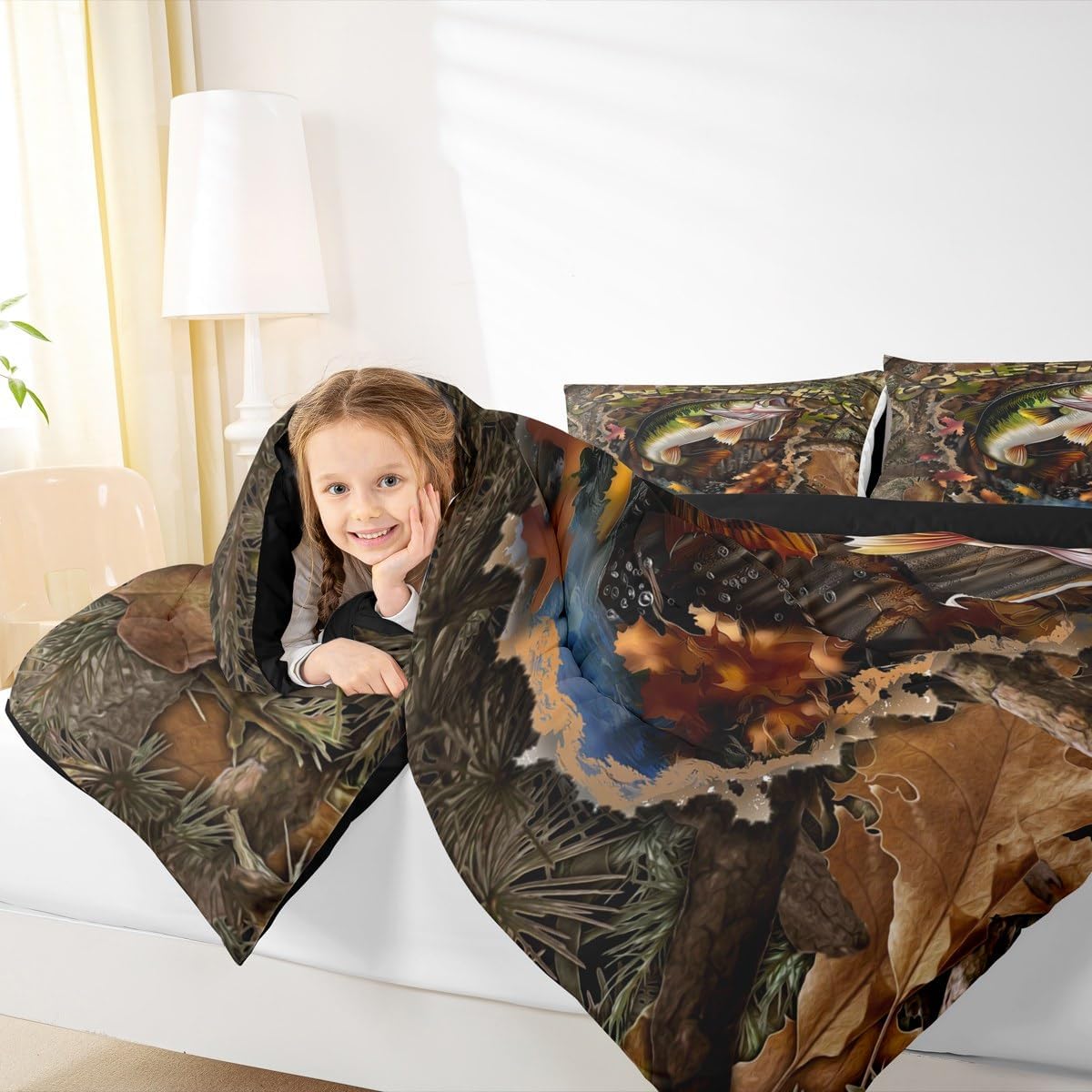 Erosebridal Men's Camo Fish Bedding Set Full Size Kids Fishing and Hunting Comforter Set Boys Pike Fish Bed Sets Teens Adults Rustic Farm Hunting Duvet Quilt Sets