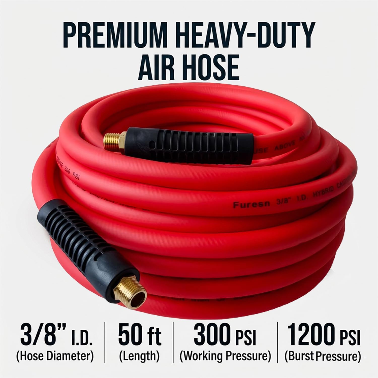 Air Hose 3/8 in x 50 ft, 300 PSI, Hybrid Air Compressor Hose with Double 1/4 in MNPT Solid Brass Fittings, Heavy Duty, Lightweight, Kink Resistant