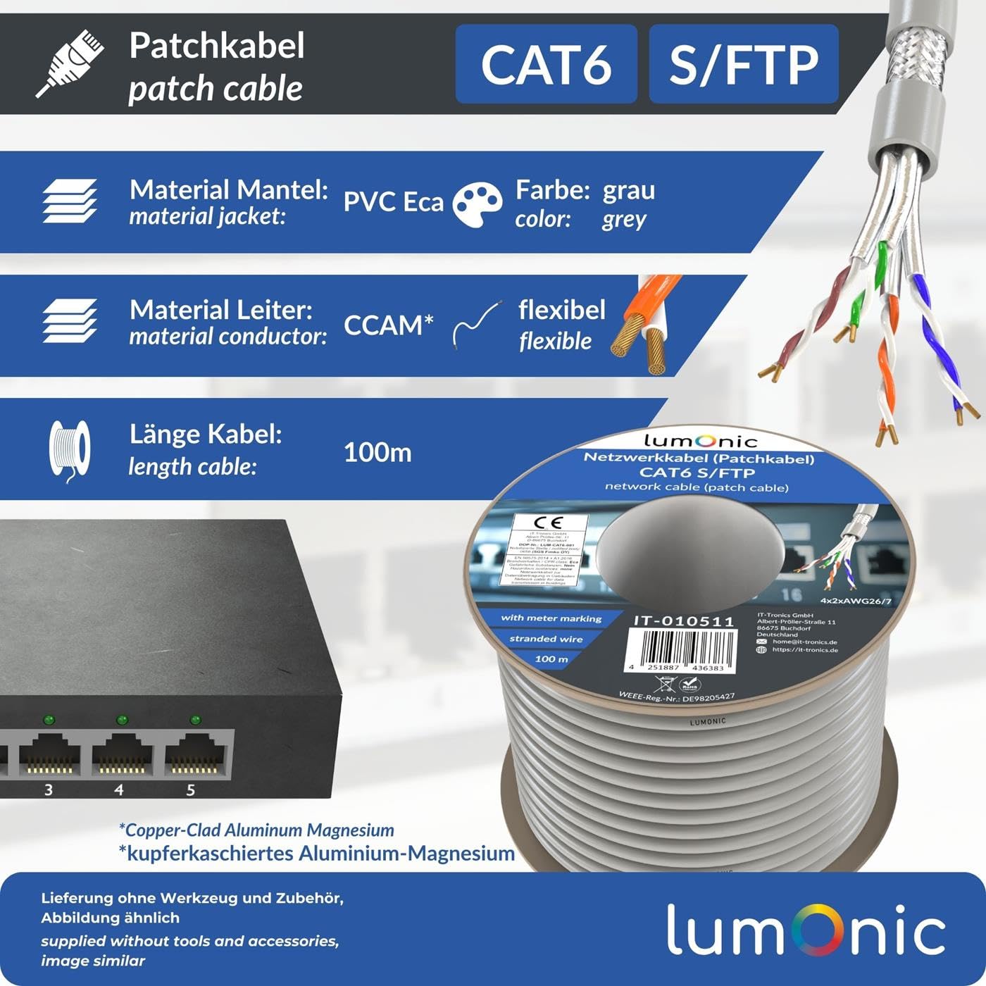 Lumonic LAN Câble de réseau 100m | LAN Câble CAT6 S/FTP | Câble Patch 4x 2x AWG26/7 (échoué) | 250MHz 10 Gbit/s Ethernet