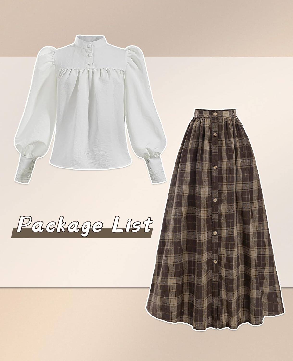 NSPSTT Victorian Dress for Women 2-Pieces Edwardian Dress 1800s Costume Plaid Maxi Skirt