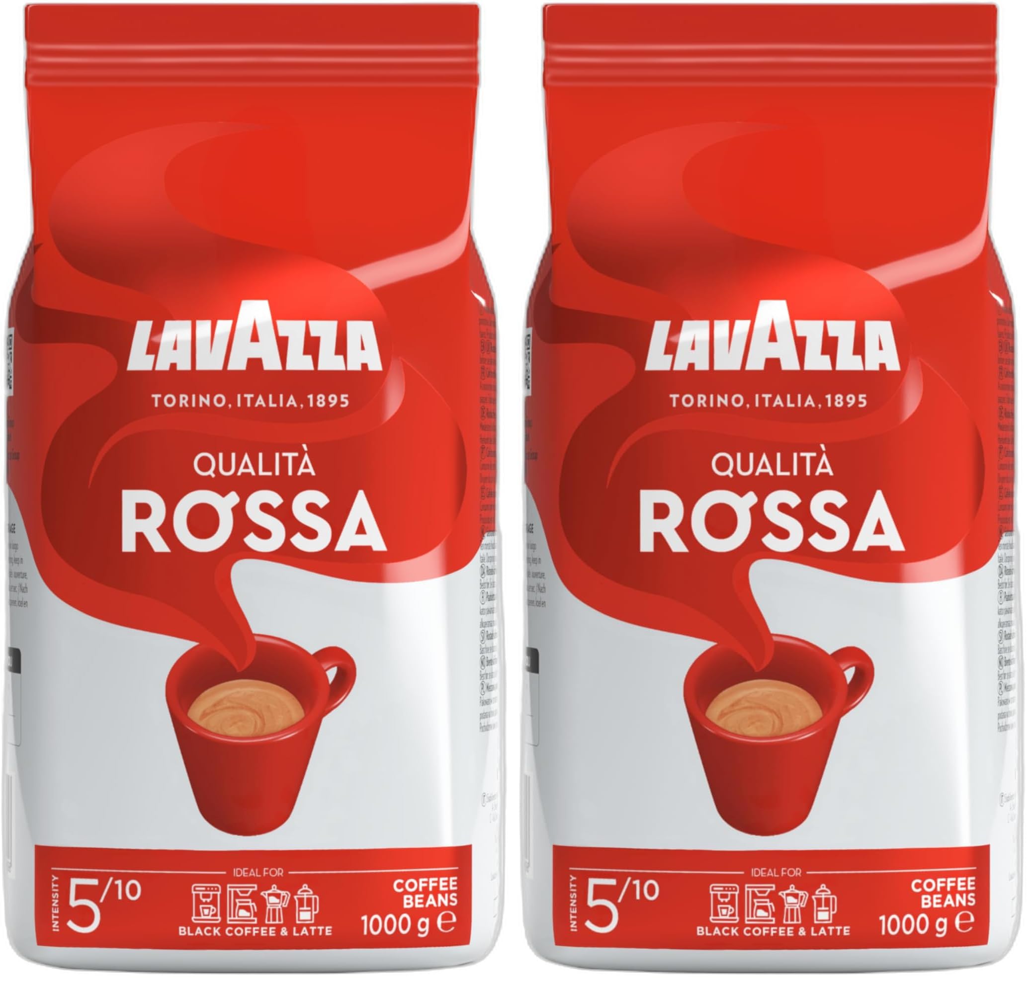 Lavazza, Qualità Rossa, Café en Grano Natural, Ideal para la Máquina de Café Espresso, con Notas Aromáticas de Chocolate y Frutos Secos, Arábica y Robusta, Intensidad 5, Tueste Medio, Paquete de 2 kg