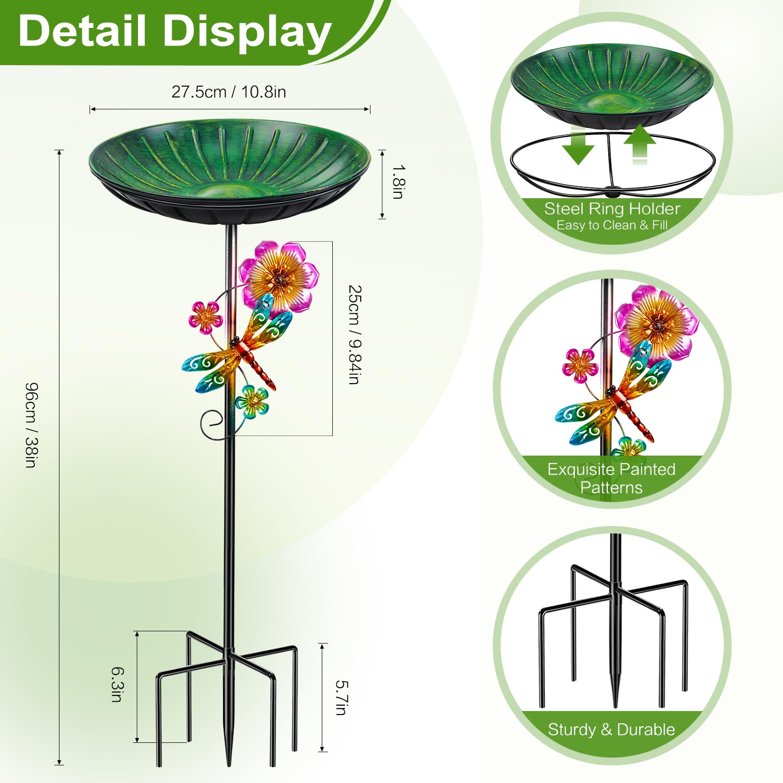 Vogeltränke Stehend 96cm, Vogelbad für Draußen Garten, Metall Futter Schale mit Stabiler 5-Zinken-Basis, Wassertränke für Vögel Vogeltränke Groß Winterfest Frostsicher (Vintage Grün) - 3