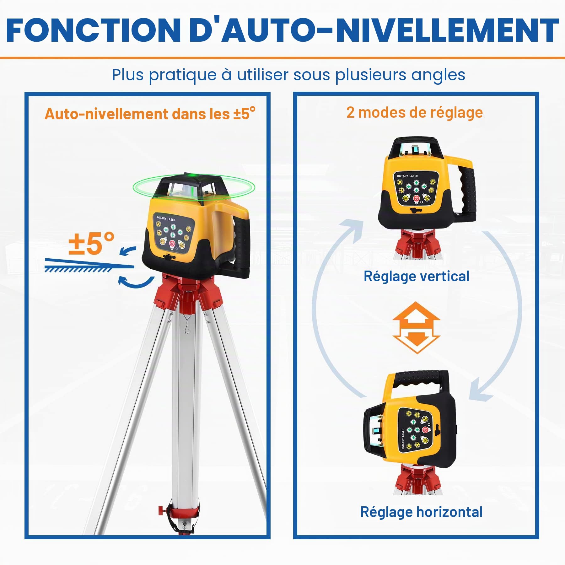 Laser Rotatif Niveau Laser Vert Autonivelant Balayage avec Trépied en aluminium, mire télescopique 5m, Rotative 360° Verticale Horizontale Auto-Alignement Travail 500 m pour Construction
