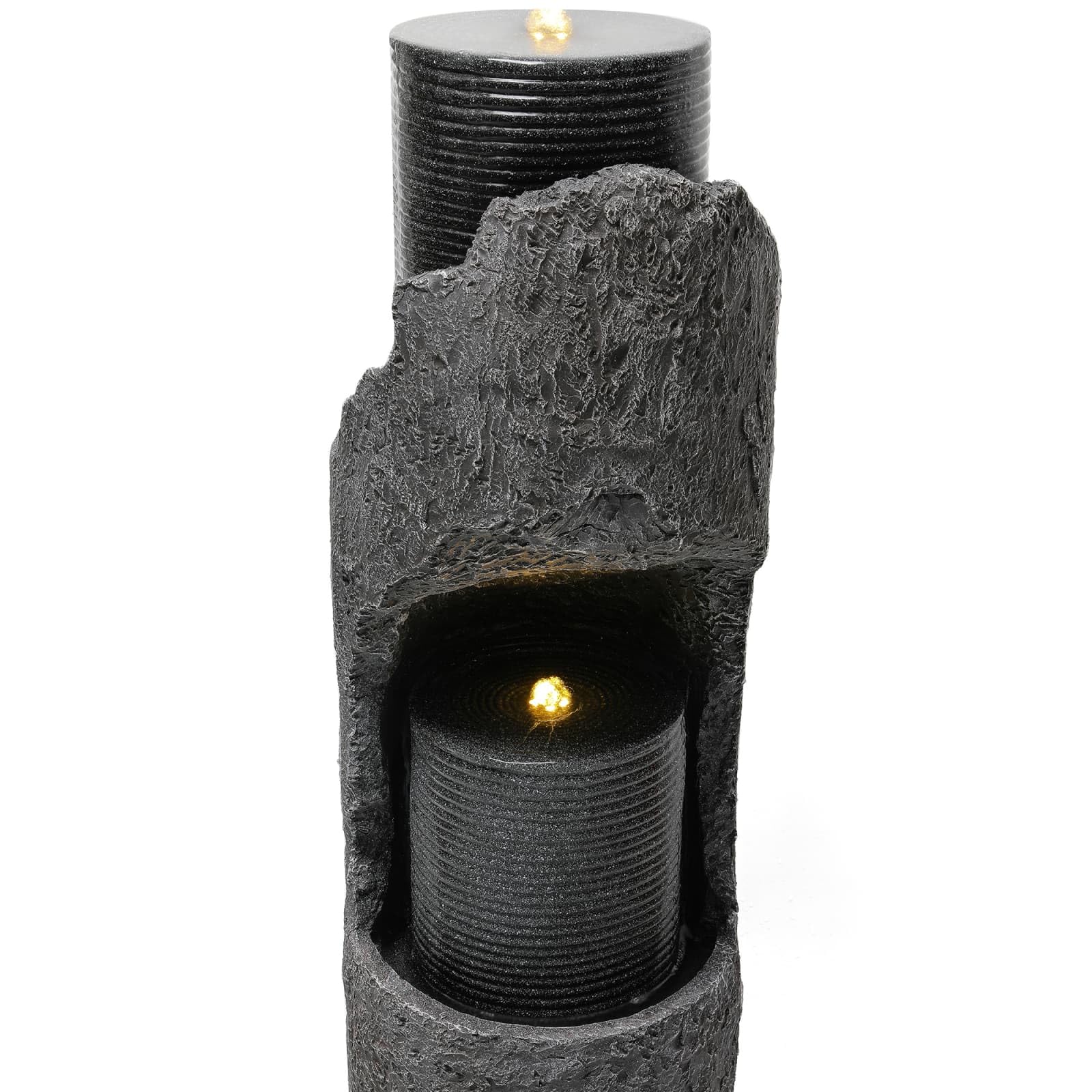 KOMHTOM Fontaine de Jardin, Cascade Exterieur avec LED, Colonne Cylindrique Moderne, Aspect Pierre Naturelle en Resine, Pompe a Eau Incluse, pour Terrasse Balcon Cour(Style 4 - Gris)