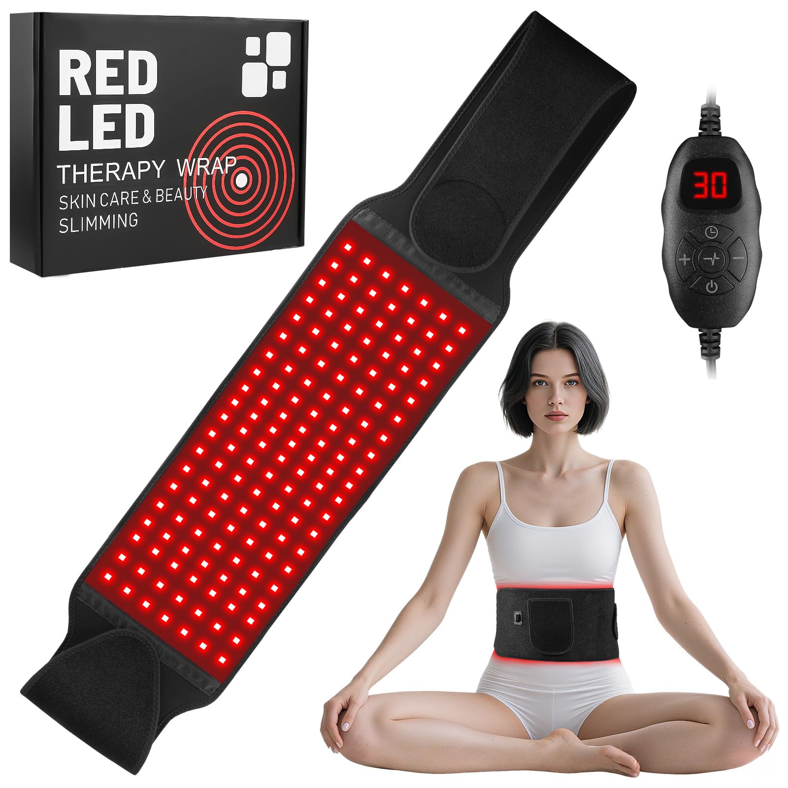 Ceinture à lumière rouge avec 140 LED, fonction minuterie, 5 niveaux de luminosité, 660 nm et 850 nm, convient pour la taille, le dos, les épaules, les coudes, les poignets, les cuisses et d'autres