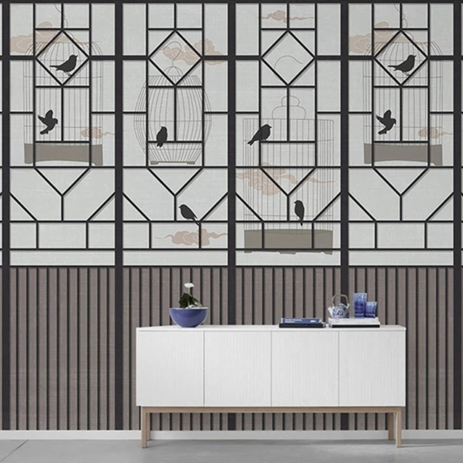 Decorazione astratta cinese del fondo del modello della gabbia dell'uccello della finestra della carta da parati della camera da letto 3D! , 200x140 cm