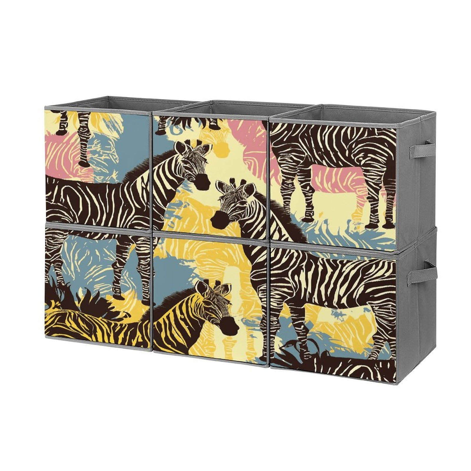 Fekiloot Style Giraffe And Zebra Storage Bin For Foldable And Handles,Closet Organizer Of 6-Pack Stackable,Storage Box For Living,Room, Office,Bedroom,Closet