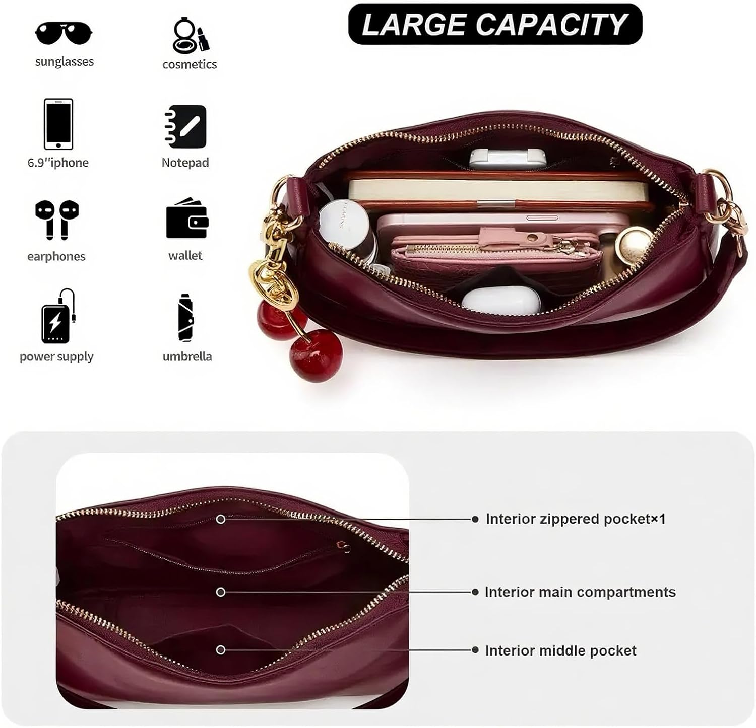 Black Shoulder Bag for Women Cute Hobo Cherry Purse Retro Clutch Underarm Handbag with Removable Straps