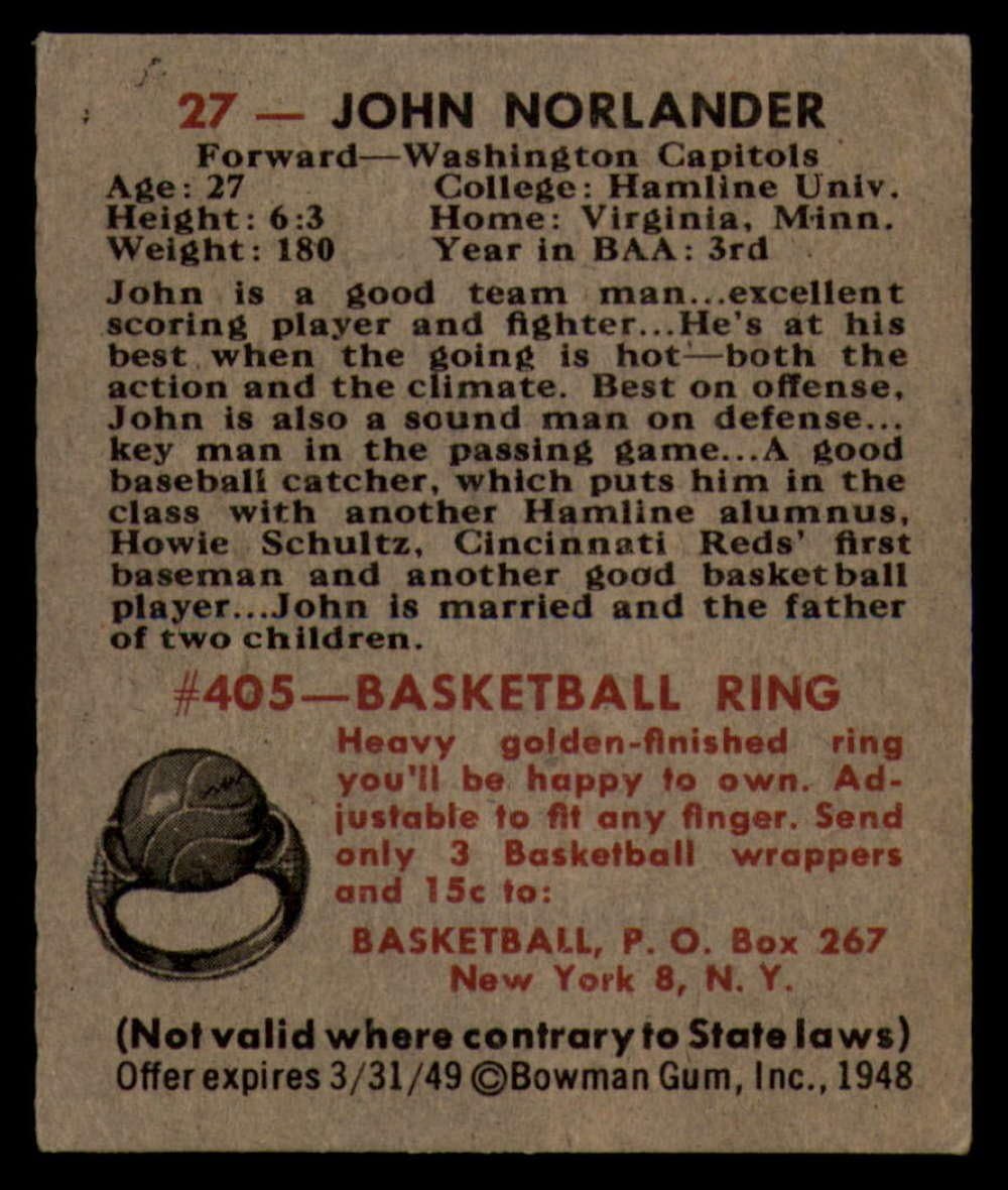 Basketball NBA 1948 Bowman #27 John Norlander EX++