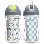 Chicco Flip-Top Straw Cup 9oz | Insulated Toddler Sippy Cup with Soft Silicone Straw | No-Spill | Easy-Clean | BPA-Free | 2pk | For Ages 12+ Months | Cars/Checker