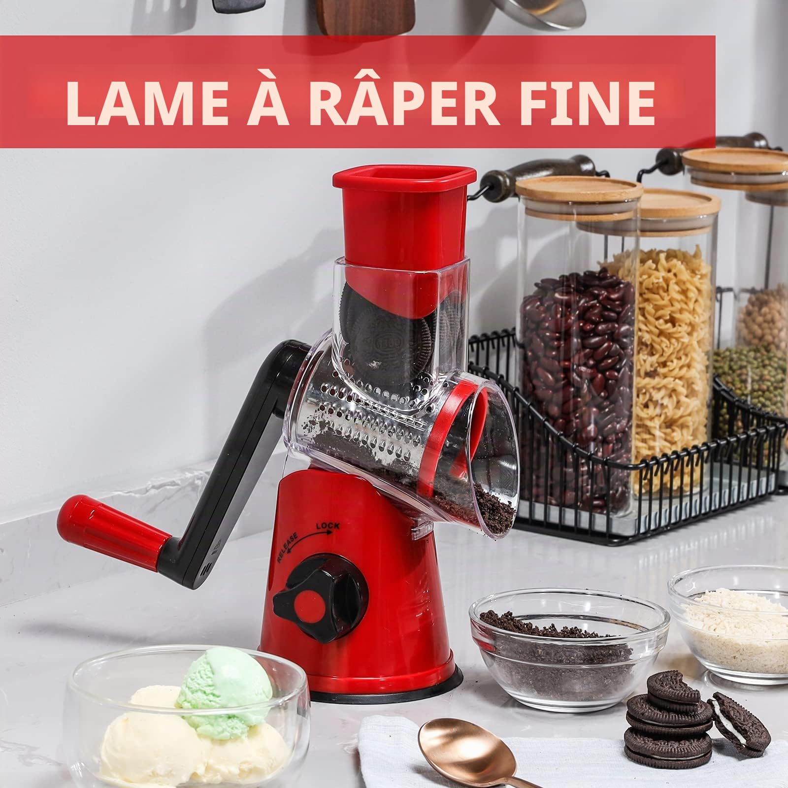 GDL Râpe à Fromage Rotative, Rapeuse Legume Fromage Manuelle, 3 Lames | Facile à Utiliser et Nettoyer, Acier inoxydable 430, Rapide et Facile, Lave-vaisselle, Adaptée aux Fromage, Légumes