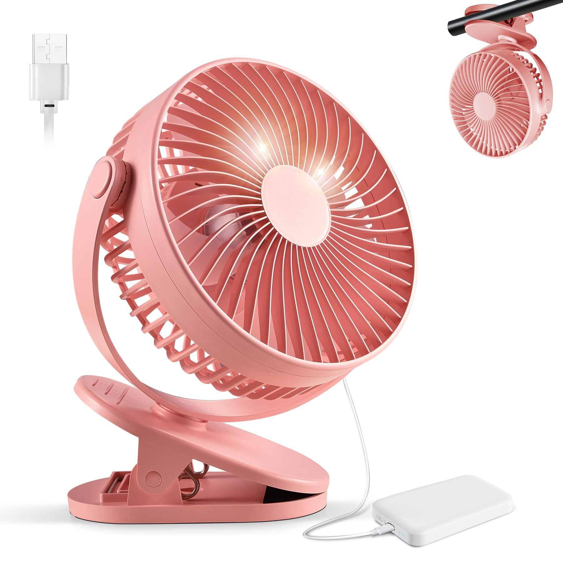 Ventilador de clip recargable, ventilador de escritorio a batería de 8 pulgadas, ventilador USB, 5 velocidades, fuerte flujo de aire, abrazadera resistente para carrito de golf, oficina