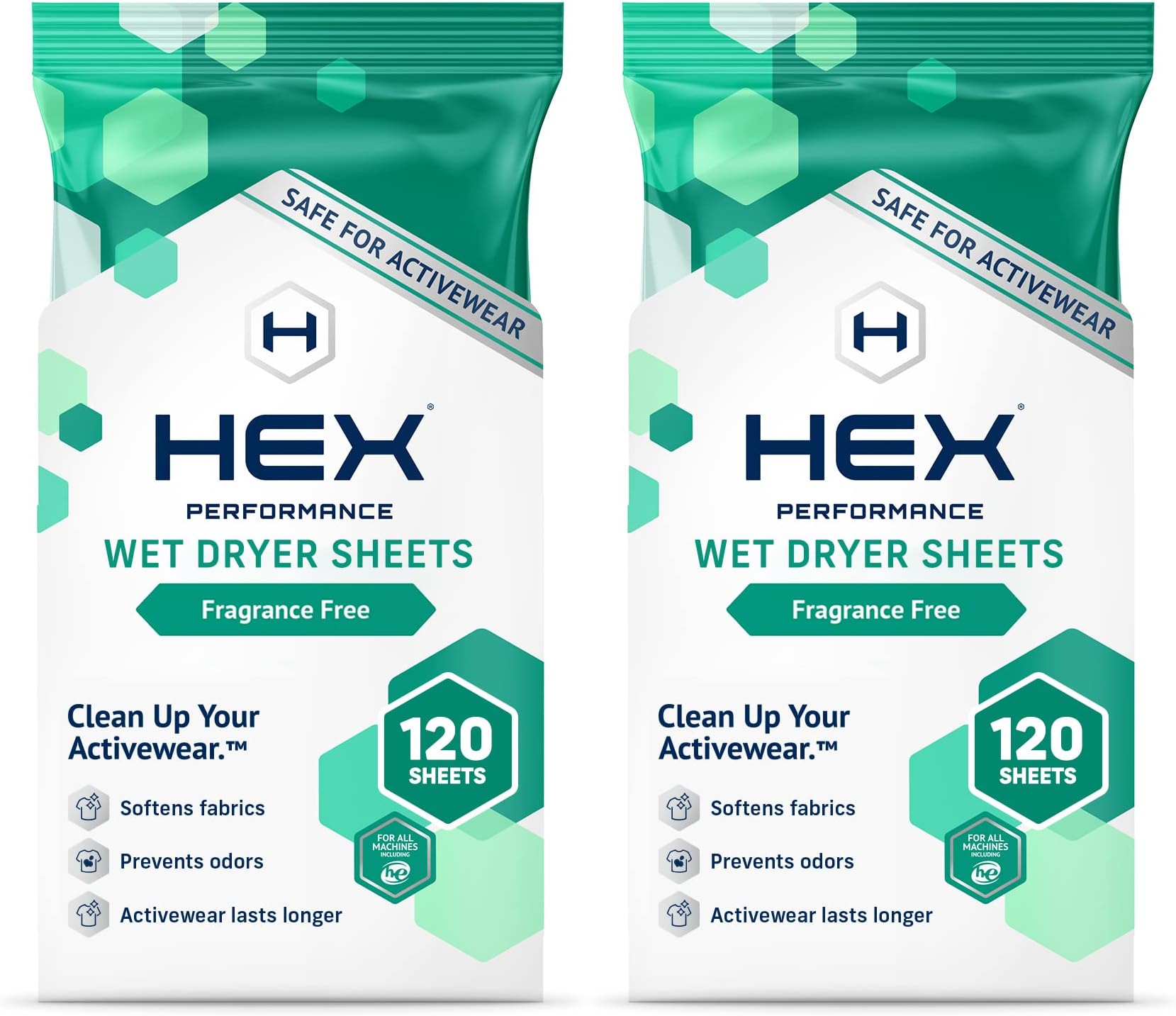 HEX Performance Wet Dryer Sheets, Fragrance Free, 120ct (Pack of 2) - Safe for Activewear, Made for Sensitive Skin, Eco-Friendly
