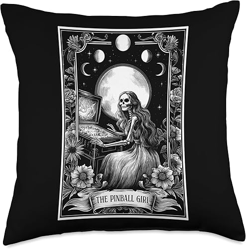 The Pinball Girl Retro Arcade Game 80s Tarot Card Skeleton Throw Pillow