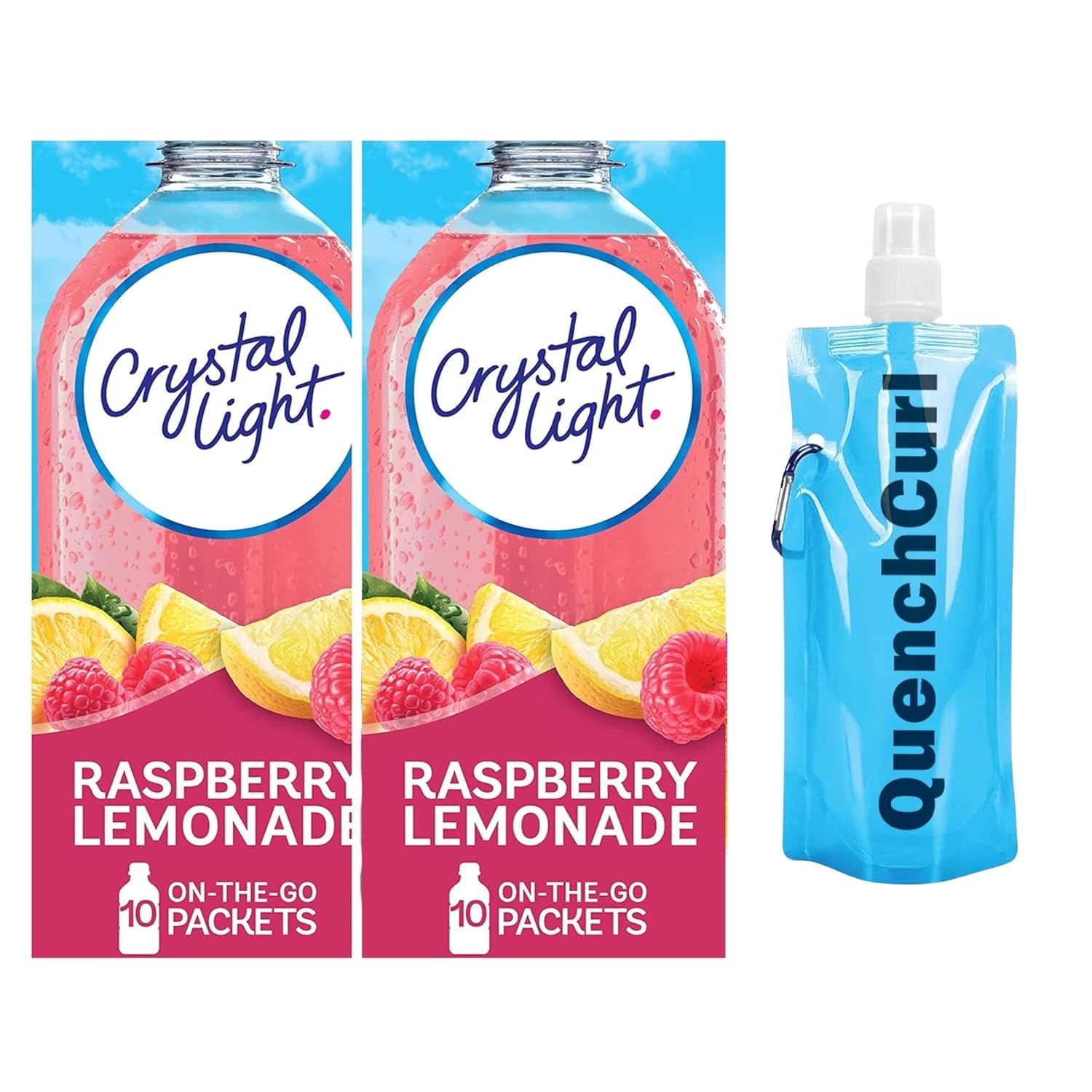Crystal Light On The Go Drink Mix Pouches, Sugar-Free, Low-Calorie, 2 Pack of 10 Pouches with QuenchCurl Collapsible Bottle! (2 Pack, Raspberry