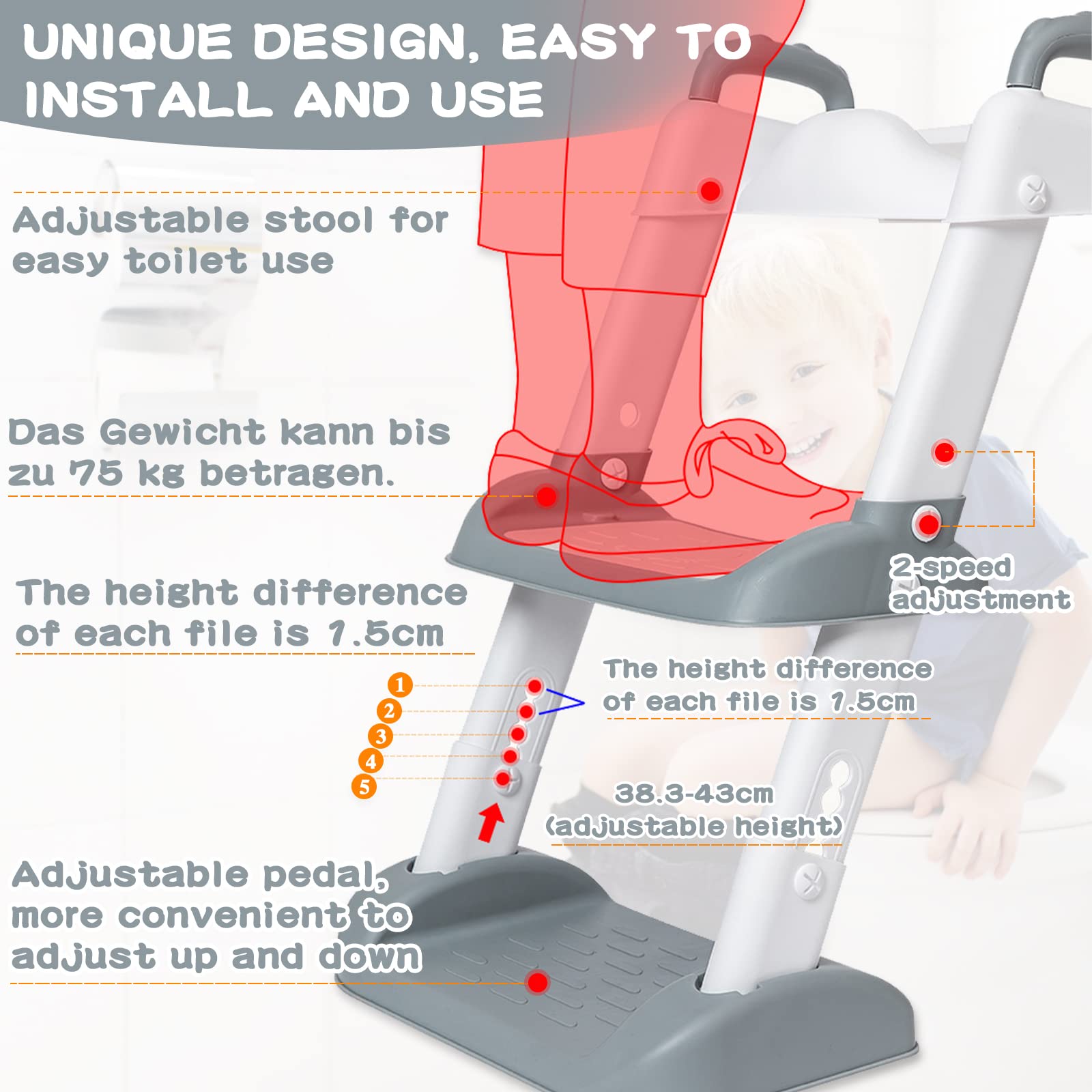 Réducteur Toilette Enfant avec Escalier,WC, Siège avec PU Coussin Moelleux,Robuste, Pliable et Réglable,Adapté aux Toilettes en Forme de V, U, O