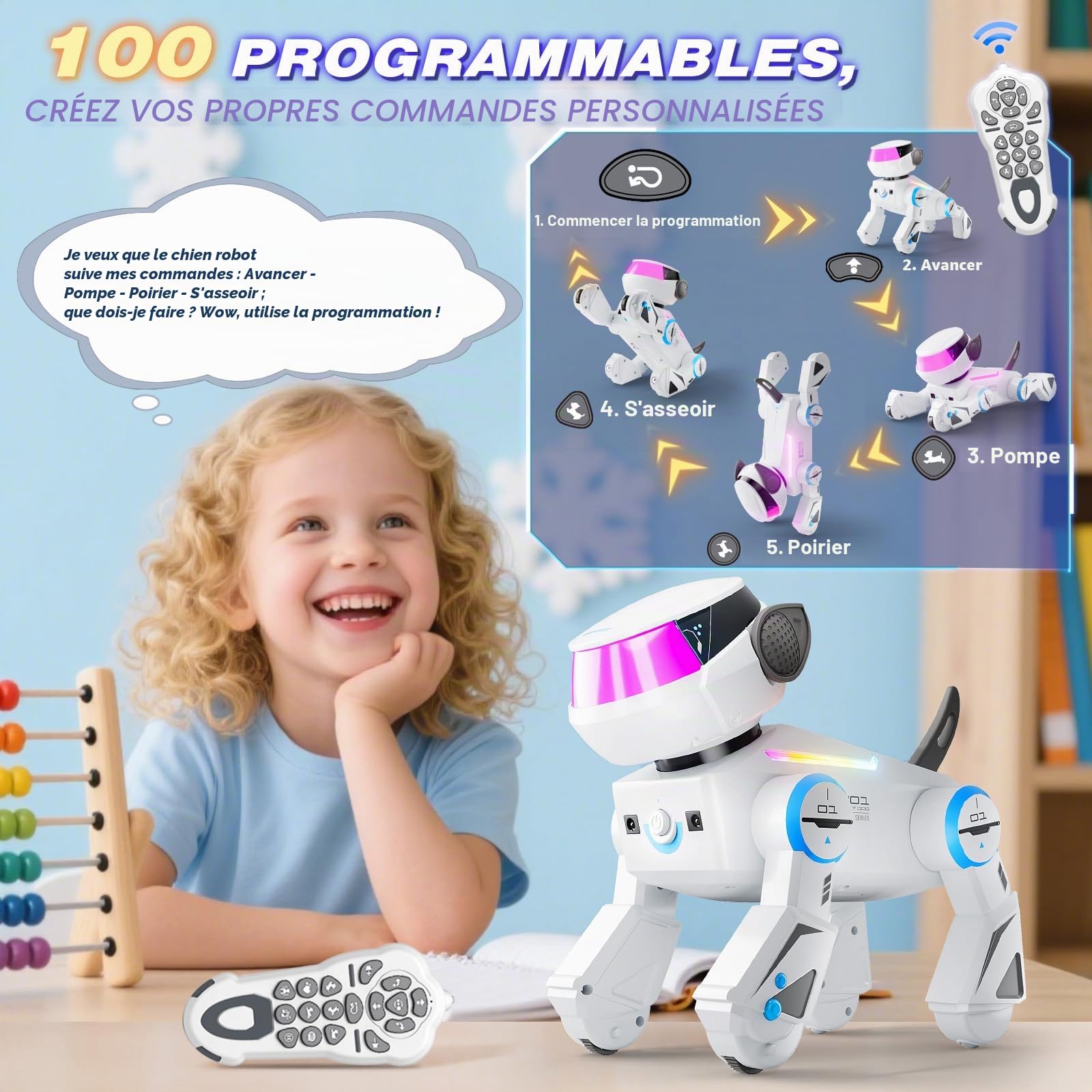 VATOS Bluetooth Chien Robot pour Enfants,Chien Robot Interactif Programmable avec Yeux LED Multicolores,Chienrobot Rechargeable Chantant et Dansant avec Télécommande pour Garçons et Filles,Blanc