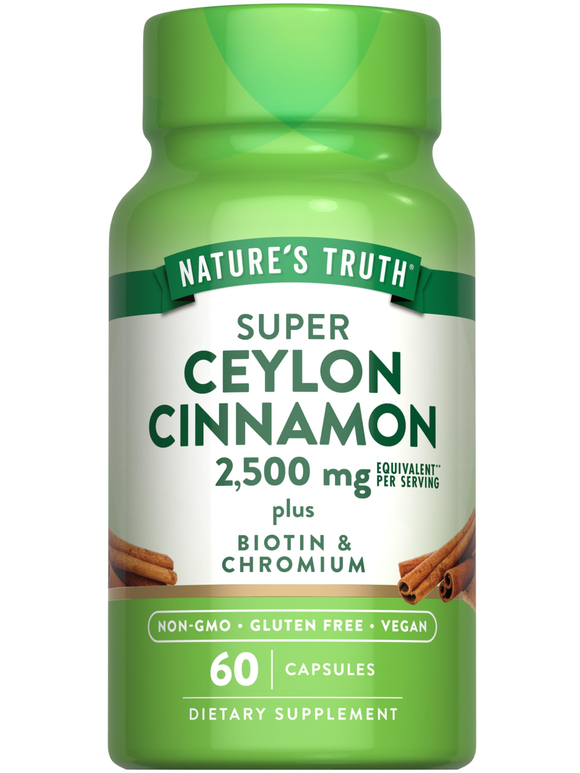 Nature's Truth Ceylon Cinnamon Capsules | 2500mg | plus Chromium and Biotin | 60 Count | Vegan, Non-GMO & Gluten Free Supplement