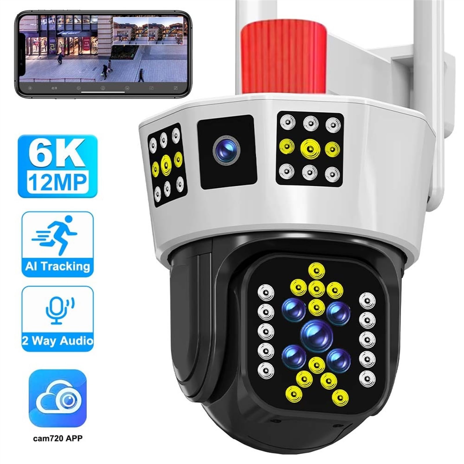 Kamera bezpieczeństwa zewnętrzna, Kamera Wi-Fi 12MP 6K Trzy ekrany 5-krotny zoom AI Śledzenie Zewnętrzna kamera PTZ IP Inteligentna ochrona bezpieczeństwa Kamery monitorujące CCTV Kamera bezpieczeństw