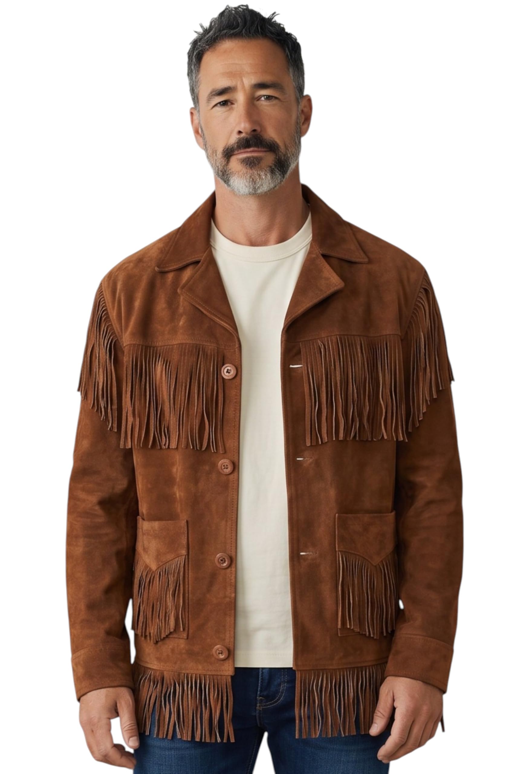 Giacca da Cowboy da Uomo in Pelle Scamosciata Stile Western Con Frange