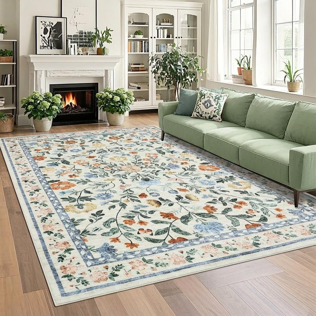 GarveeHome Large Washable Area Rug 10 x 13 for Living Room, Non-Slip Soft Vintage Rug, Low Pile Farmhouse Floral Carpet, Non-Shedding Foldable Printed Rugs for Bedroom, Green