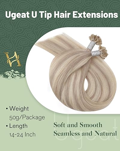 Miniatura 3 de Ugeat Extensiones de cabello rubio Utip extensiones de cabello humano Utip de 18 pulgadas, 50G 50S cálido rubio ceniza con reflejos rubio decolorado