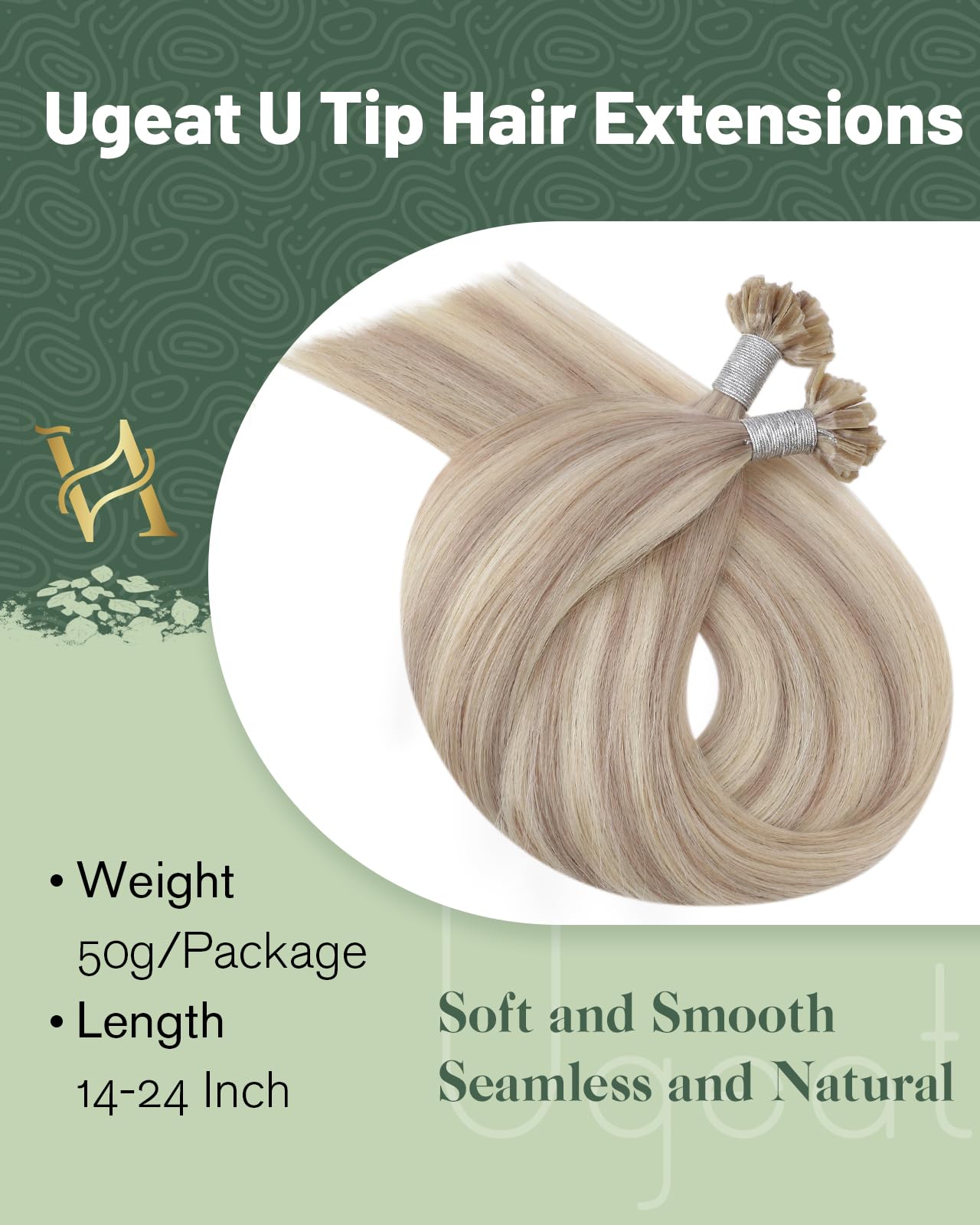 Ugeat Przedłużanie Włosów Keratyna Utip, Włosy Ludzkie, Pasemka Popielaty Blond, 50cm 50 sztuk 50g, Przedłużanie Włosów U Tip Popielaty Blond, Remy Naturalne Proste