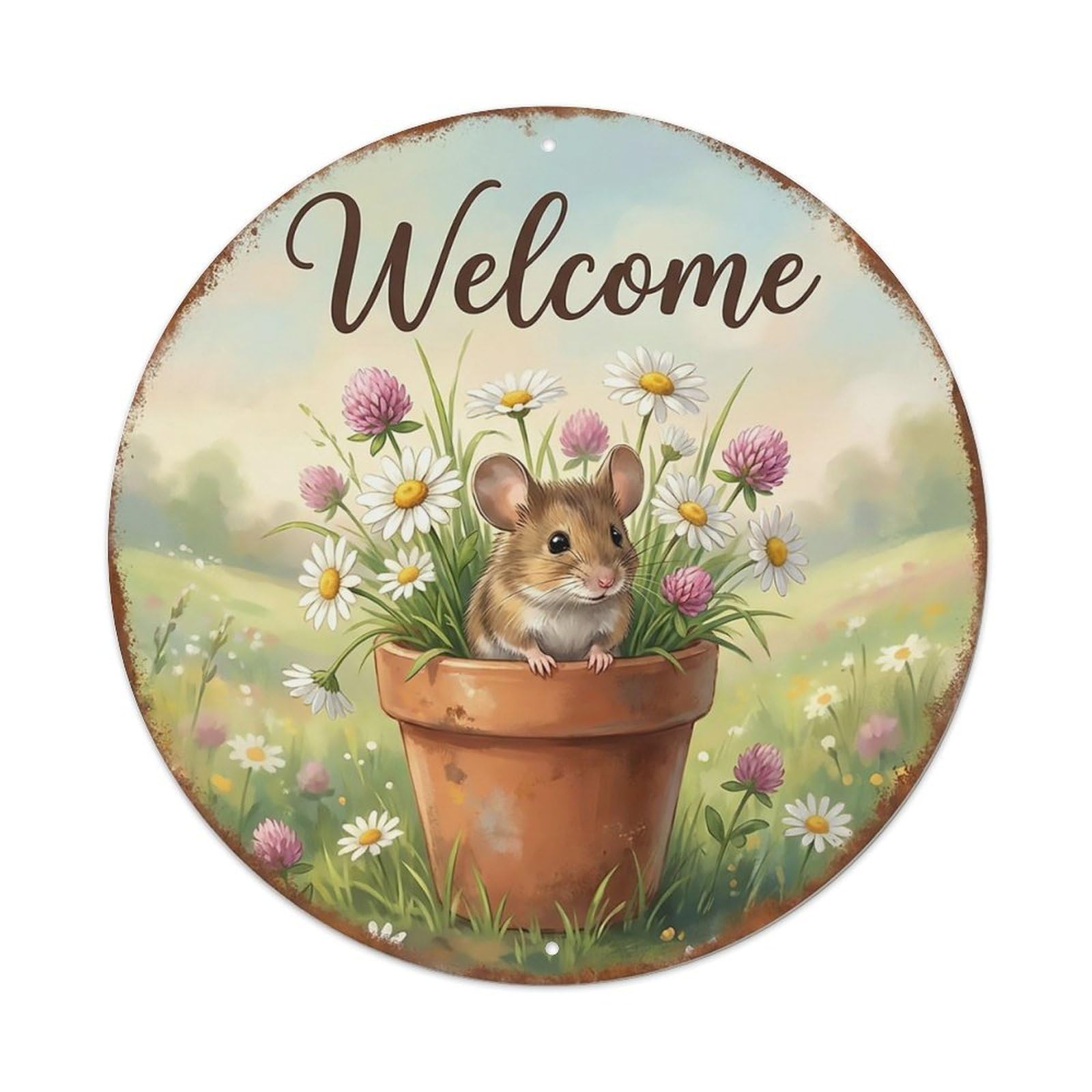 Welcome Mouse Daisy Field Metal Tin Sign
