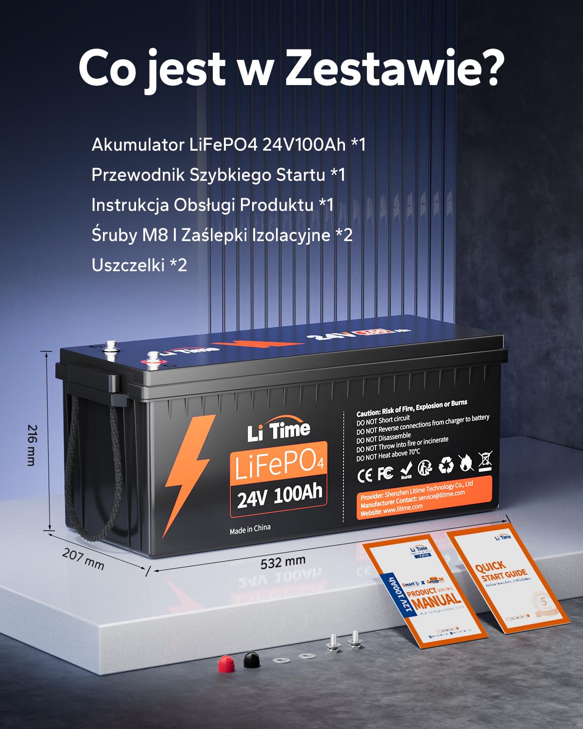 LiTime Bateria litowa LiFePO4 24V 100Ah, Akumulator LiFEPO4 Wbudowany 100A BMS, 4000+ Cykli, 10 Lat Żywotności, Bateria Lifepo4 24V Odpowiednia Do Przyczep Kempingowych, Solarnych, Morskich