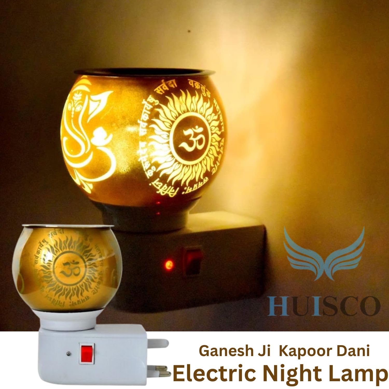 HUISCO Glass Kapoor Dani Electric Camphor Diffuser | Ganesh Ji & Om Design | Multipurpose Incense Aroma & Dhoop Burner | Electrical Night Lamp | Plugin Kapur Dani for Pooja Room Home Office and Temple