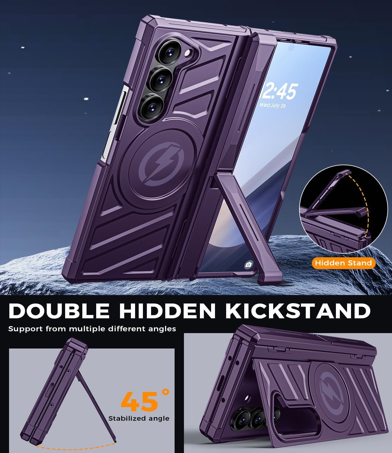 Magnetic for Galaxy Z-Fold-6 Case: Heavy Duty Armor Phone Case [Compatible with MagSafe][Hinge Protection][Dual Kickstand] Shockproof TPU+PC Cover for zfold 6 5G 2024 Purple