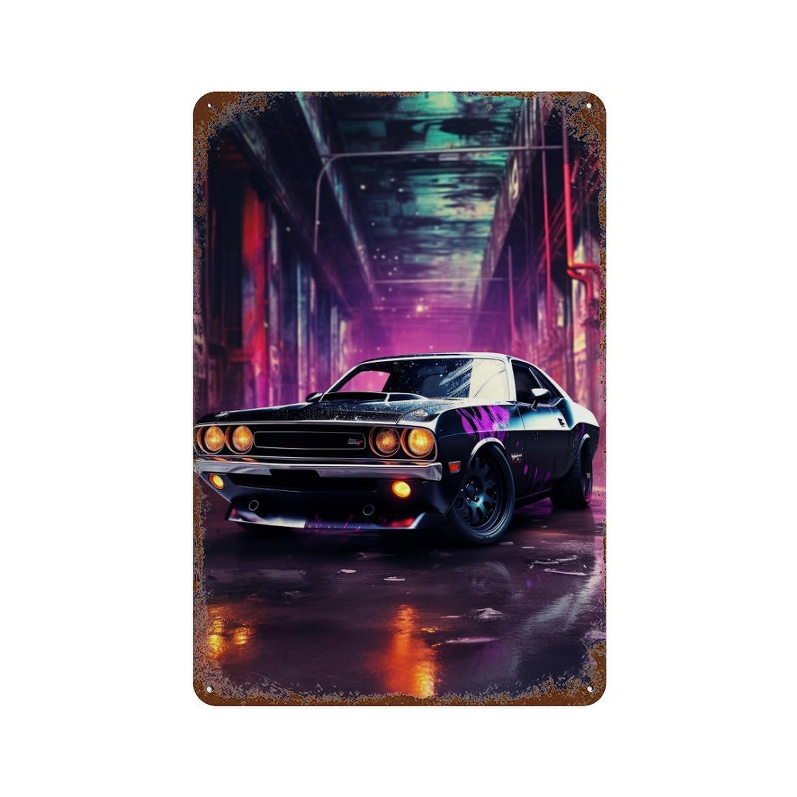 Neon Muscle Car Night Drive Rustic Tin Plaque 11.8"x7.9", for Shed, Workshop And Garage Wall Decor, Shabby Chic Decor