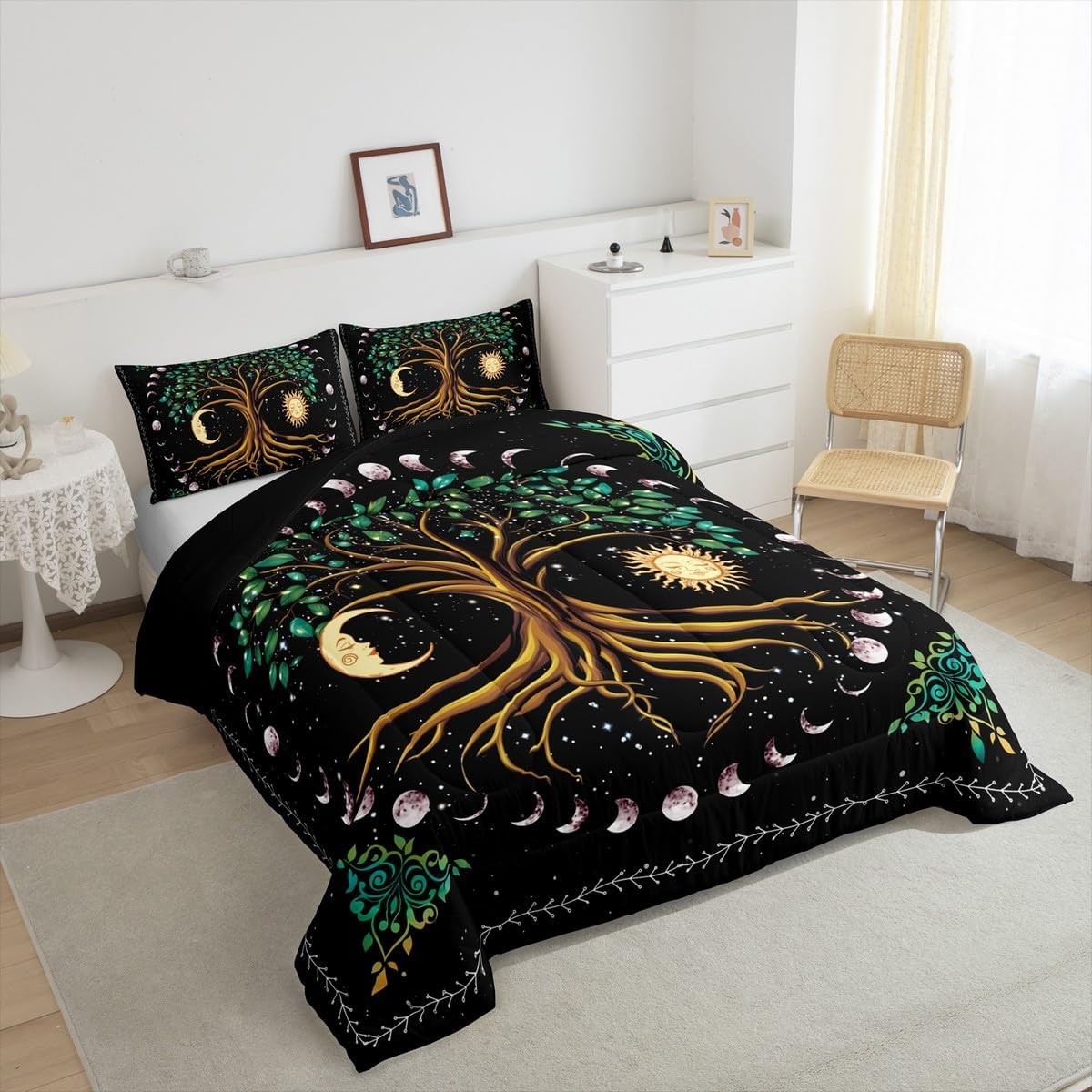 Tree Artwork Kids Comforter Set Queen Size,Sun Moon Starry Sky Galaxy Trippy Bedding Set,Boys Girls Adults Room Decor,Boho Exotic Psychedelic Down Comforter,Watercolor Duvet Insert,2 Pillowcases