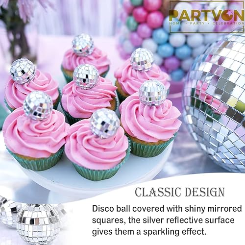Miniatura 6 de 24 adornos para cupcakes de bola de discoteca para decoración de fiesta de discoteca de los años 70, suministros de fiesta de cumpleaños con