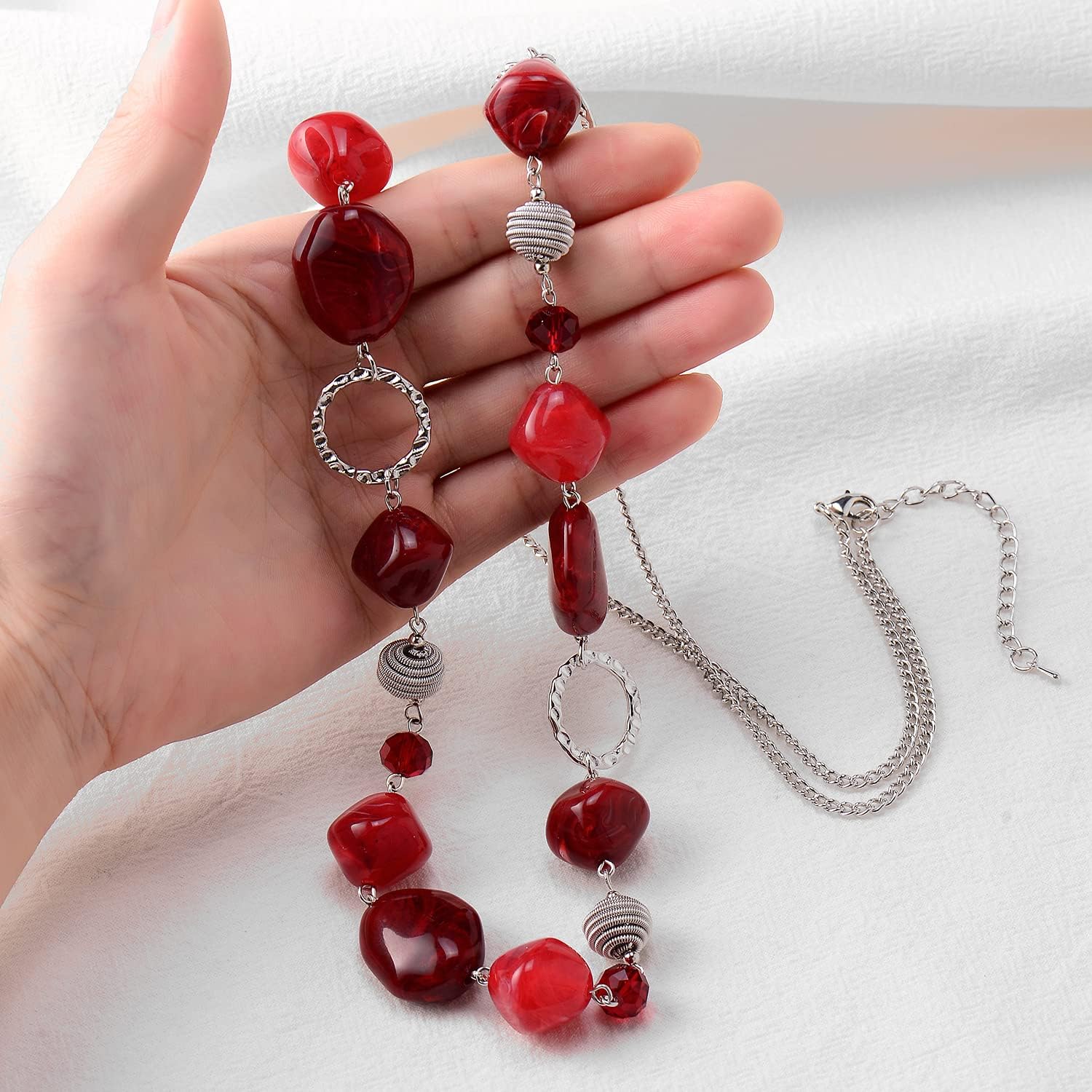 BULINLIN Beaded Long Necklace for Women Silver Sweater Chain Necklace with Crystal Resin Beads, Fashion Jewelry Necklace - Image 4