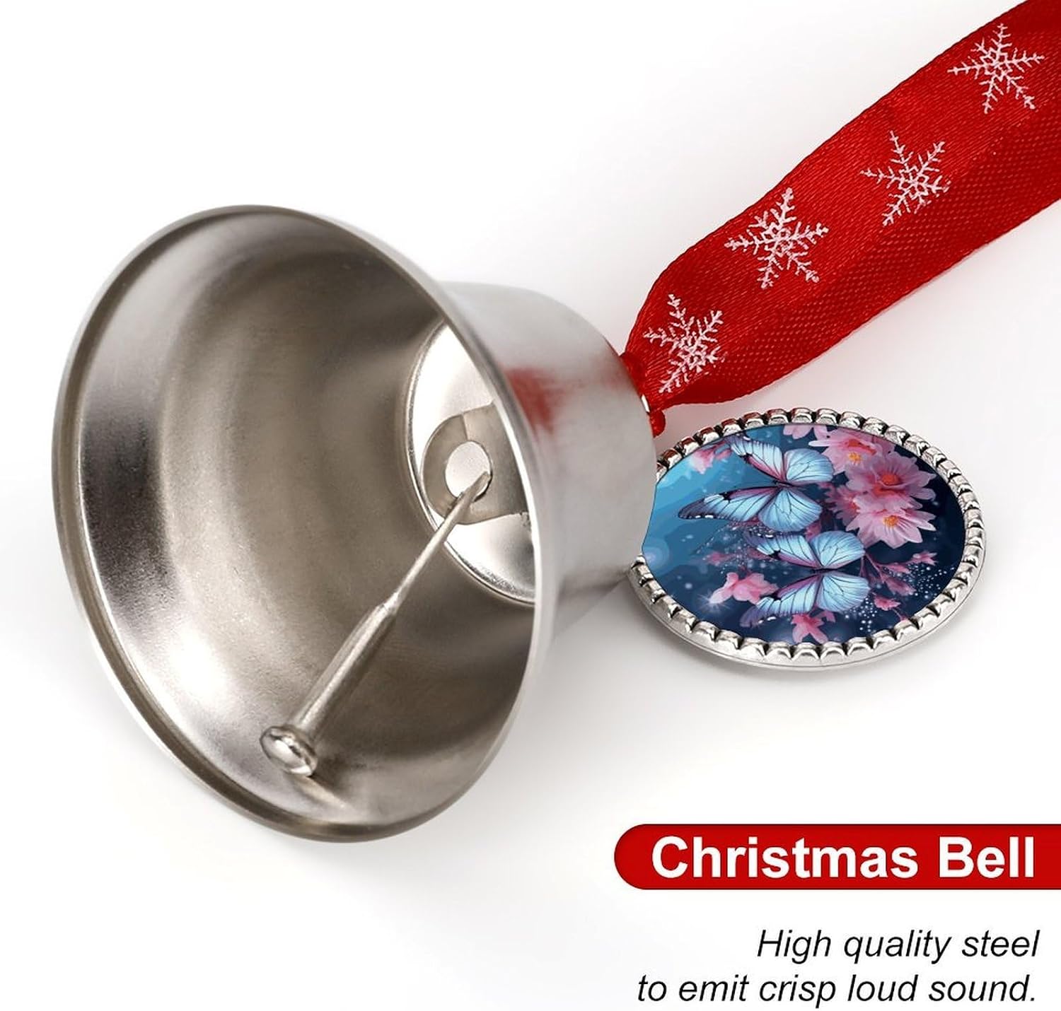 Butterfly Blossoms Christmas Bells Ornaments with Wings & Heart Silver Bell Pendant for Christmas Tree Home Door Mantle Fireplace Decoration