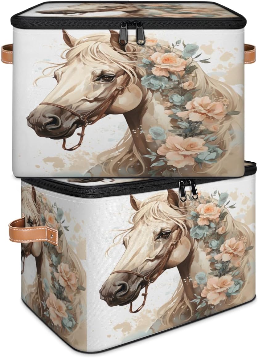 Storage Bin Set of 2 Horse Floral Storage Basket with Zipper Lid & Handle Foldable Closet Shelf 2 Pack Cloth Organizer Basket Cube Bins Clothes Organizer for Bedroom, Nursery