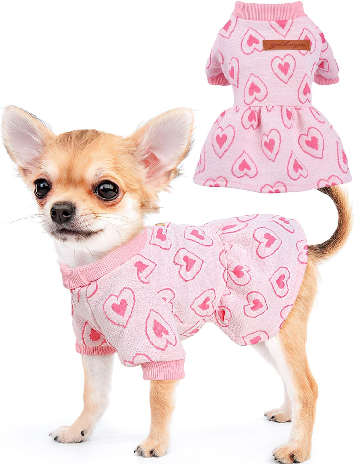 Valentines Day Dog Dresses for Small Dogs Girl Fall Dog Clothes Cute Dog Dress with Cute Red Love Design Turtleneck Pet Cat Clothes Outfit XXS Dog Clothes Pink