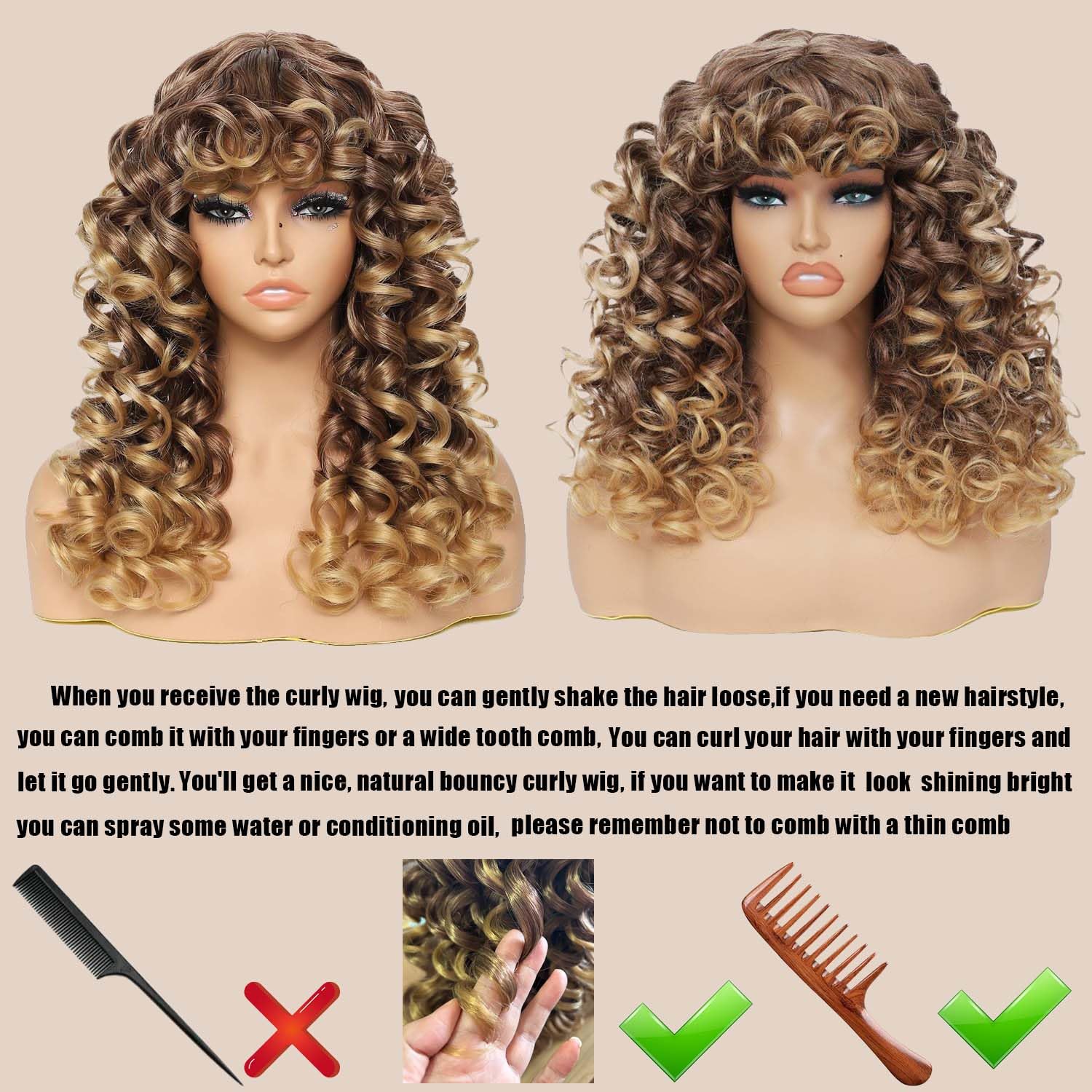 GKtineke-Curly-Wig Big-Curly-Wigs-for-White-Black-Women 20 Inch- Long-Curly-Wig-with-Bangs Synthetic-Hair-Replacement-Wigs-for- Cosplay and Daily(Ombre Ginger… (Brown) - Image 7