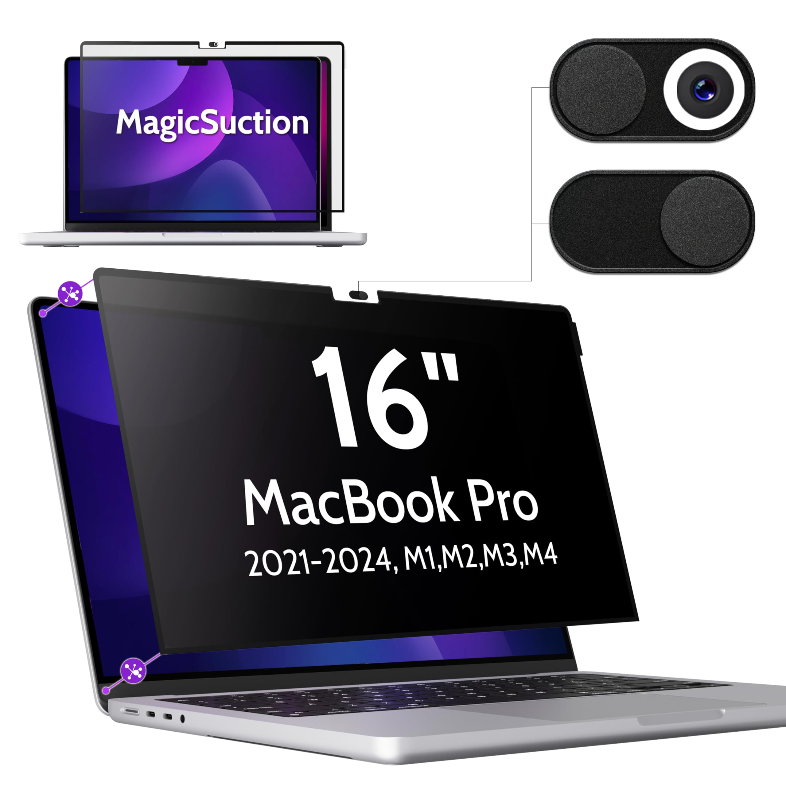 Privacy Screen for MacBook Pro 16 Inch (2021-2025, M1, M2, M3, M4), MagicSuction™ Removable Anti Spy Black Protector, Glare Blue Light Filter for Mac Laptop Computer