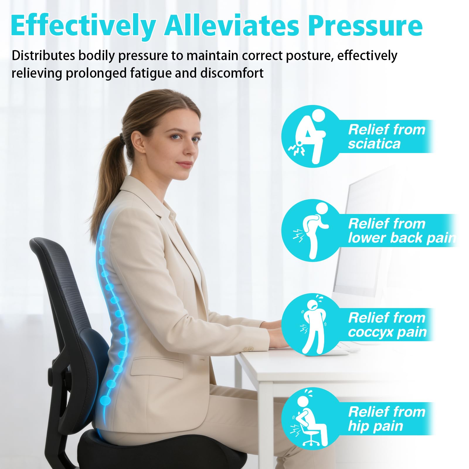 Cuscino per coccige in memory foam, per auto e ufficio, sollievo dalla pressione per sciatica e mal di schiena, con intaglio a forma di U, base antiscivolo per lunghi viaggi e seduti