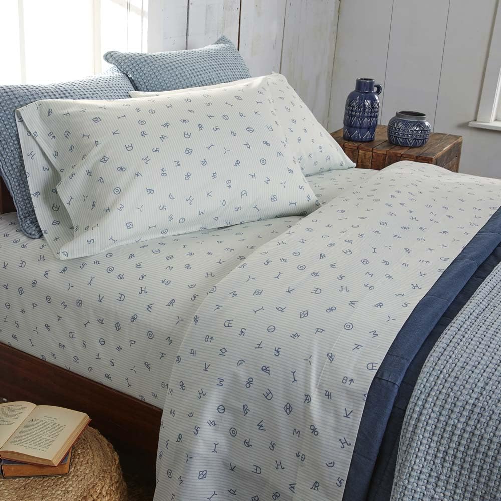 Rod's True Western Rods - Cattle Brands (Sheet Set) - Ticking Stripe - Chambray Blue - 4-Piece King Sheet Set - Top Sheet (112x102)-Fitted Sheet (78x80x15) Two King Pillow Cases (20x40) - Cotton
